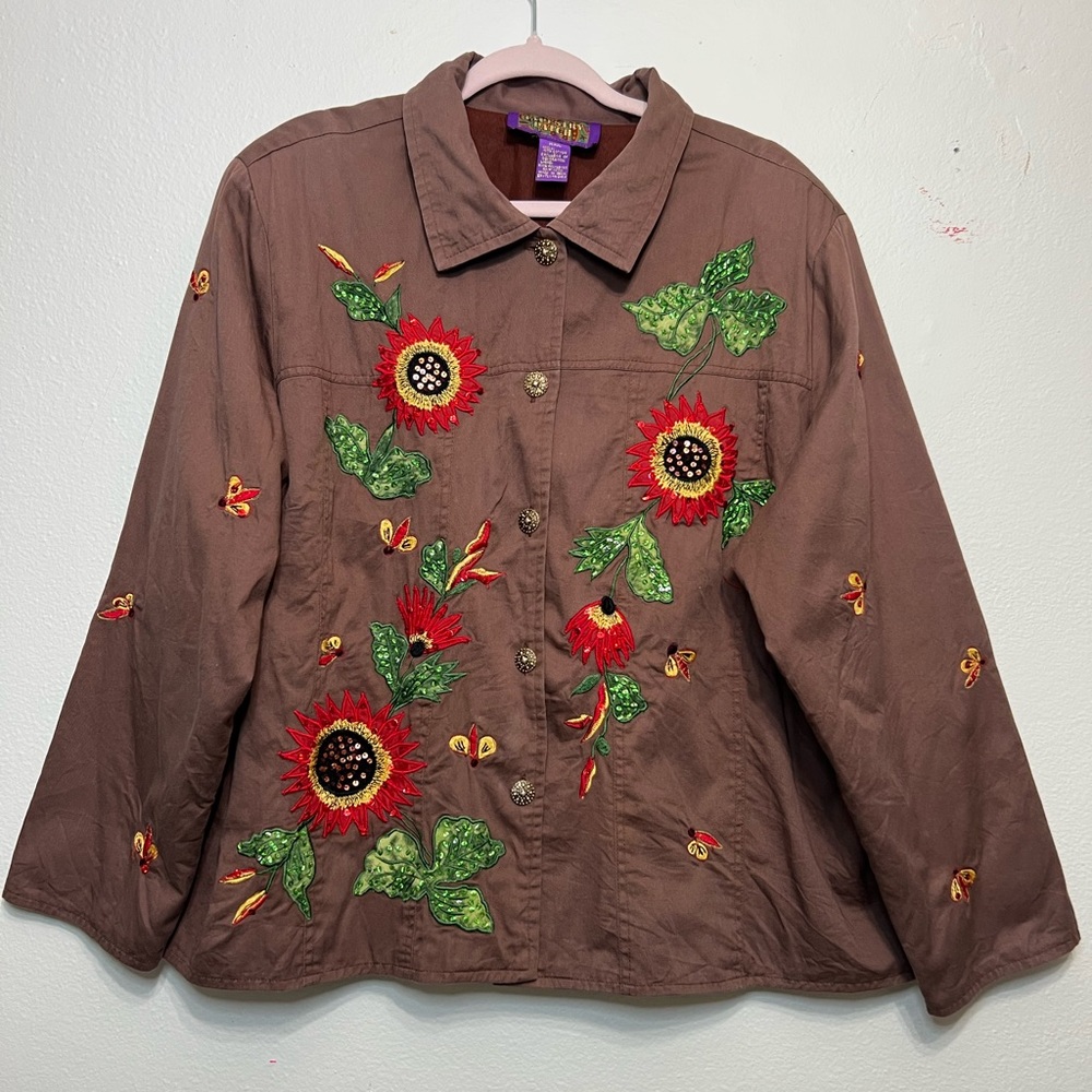 Tapestry Patch Vintage 90’s Jacket‎ Ladies Size XL Brown Long Sleeve Embroidery
